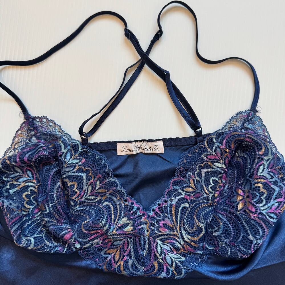 Y2K Satin Lace Babydoll Camisole Navy Lingerie Style Coquette Going Out Top Vtg - Picture 6 of 16